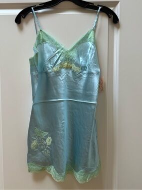 Gold Hawk 100% Silk Camisole Dream Blue with Mint Green Lace & Floral Embroidery